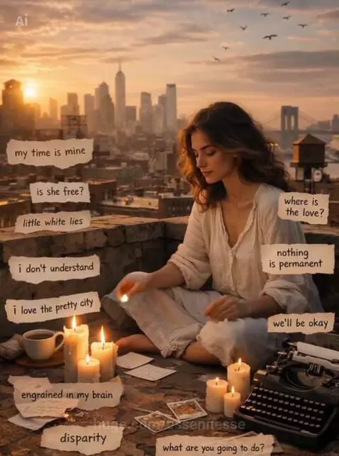 Woman writing on a rooftop at sunset with candles and city lights, symbolic imagery.