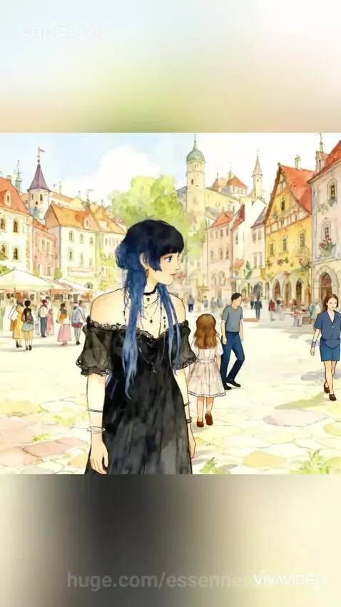 Animated watercolor illustration of a woman with blue-streaked hair looking at a glowing Pandora's box.