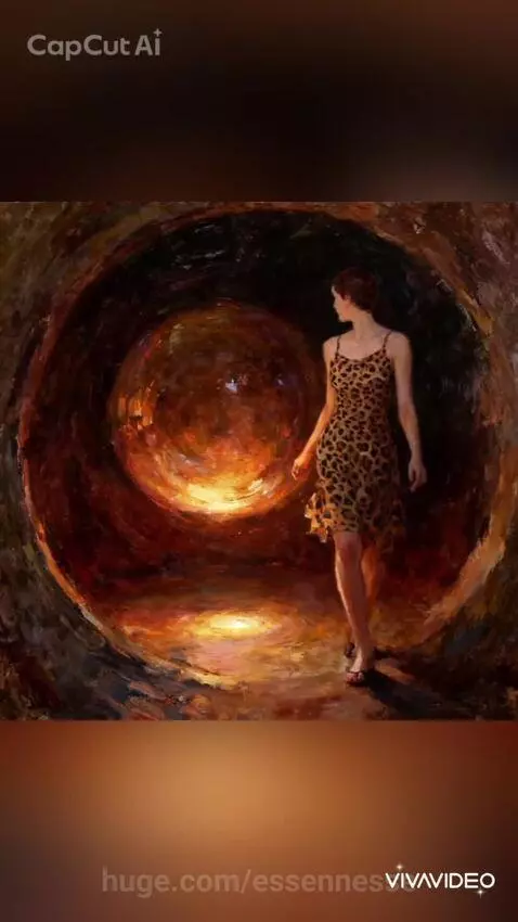 Oil painting of a woman in a leopard print dress overlooking a vibrant city at night.
