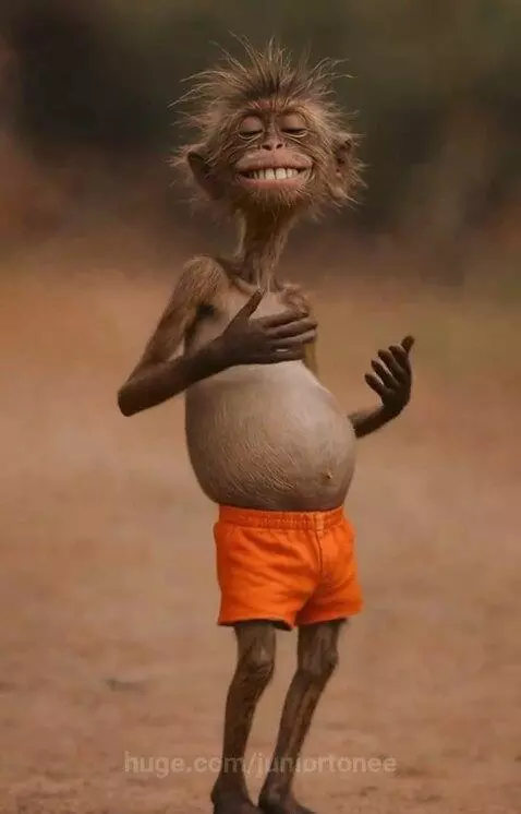 CGI monkey with messy hair and orange shorts dancing on a dirt path, smiling.