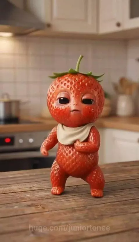 Animated red strawberry character with a green stem dancing on a wooden kitchen counter.