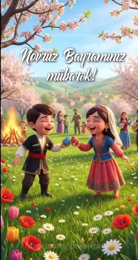 Animated scene of people dancing around a bonfire and children exchanging colorful eggs for Nowruz.