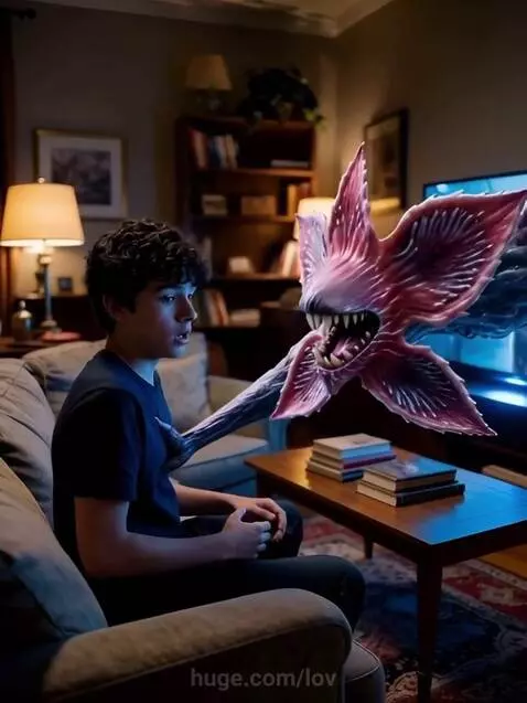 Boy with curly hair on couch as Demogorgon creature emerges from TV and glows on his t-shirt.