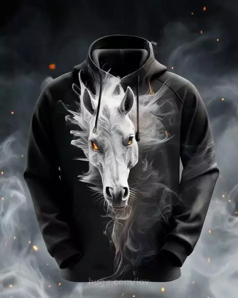 Collage of hoodies featuring stylized, morphing animal designs like dragons, wolves, and lions with glowing eyes and smoke effects.