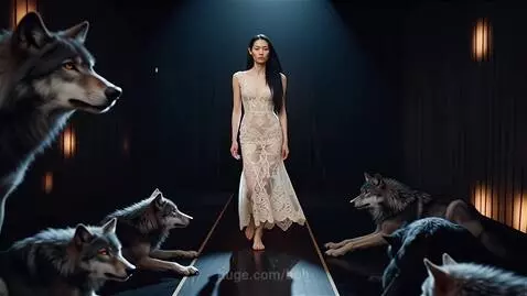 Woman in white lace dress walking barefoot on a dark runway with wolves surrounding her.