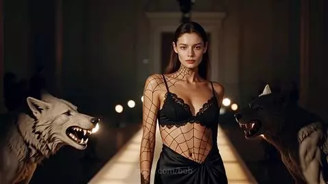 Model on a dark catwalk wearing a black lace bra, high-slit skirt, and a spiderweb-patterned top, with wolf statues flanking her.