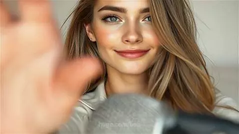 Close-up of a woman with long brown hair smiling gently, her hand near a microphone for ASMR tapping.