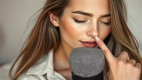 Young woman whispering near a microphone, gently stroking her arm with a gray feather for ASMR.