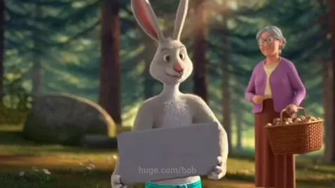 Cartoon rabbit in striped shorts shows a laptop to his grandma holding a mushroom basket in a forest.