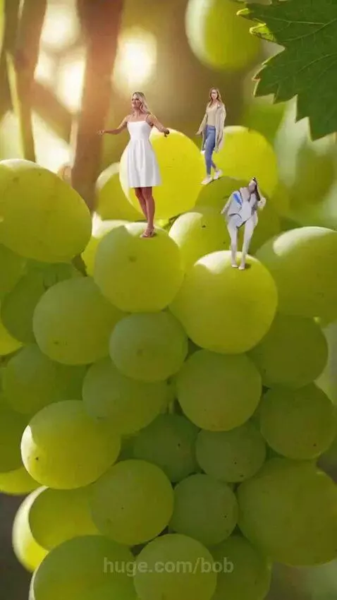Close-up of a large bunch of green grapes with multiple women appearing on them, bathed in sunlight.