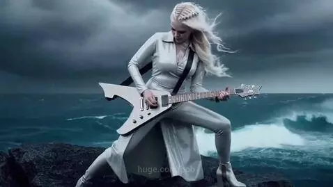 Woman with blonde braids in a full-body suit playing electric guitar in a squatting pose with a stormy ocean background.
