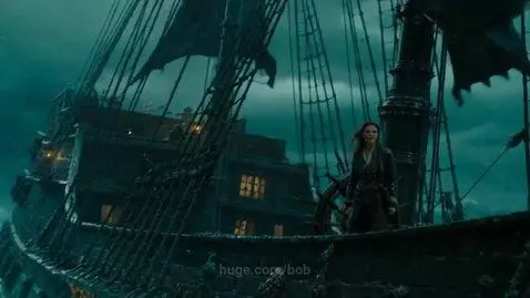 Ancient ship with tattered sails battling a fierce storm on dark, turbulent ocean waves.