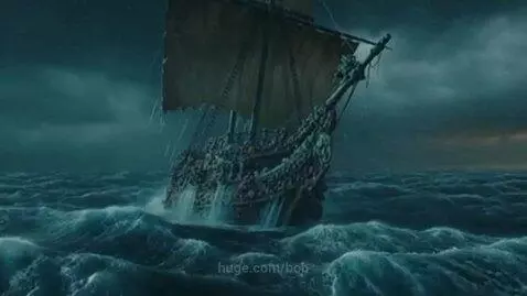 Ancient, barnacled ship with tattered sails struggling through a stormy ocean with large crashing waves.