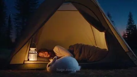 Woman sleeping peacefully in a tent at night with a fluffy rabbit beside her, illuminated by a lantern.