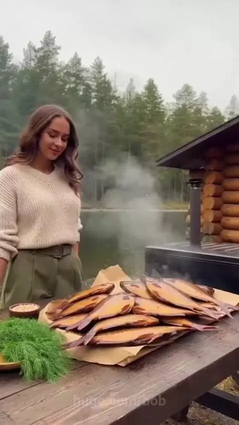 Woman smiling next to a table with a large pile of steaming smoked fish outdoors, with a log cabin and forest in the background.