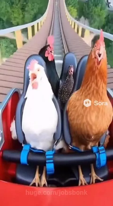 Four chickens with blue harnesses on a roller coaster ascending a track, viewed from a first-person perspective.