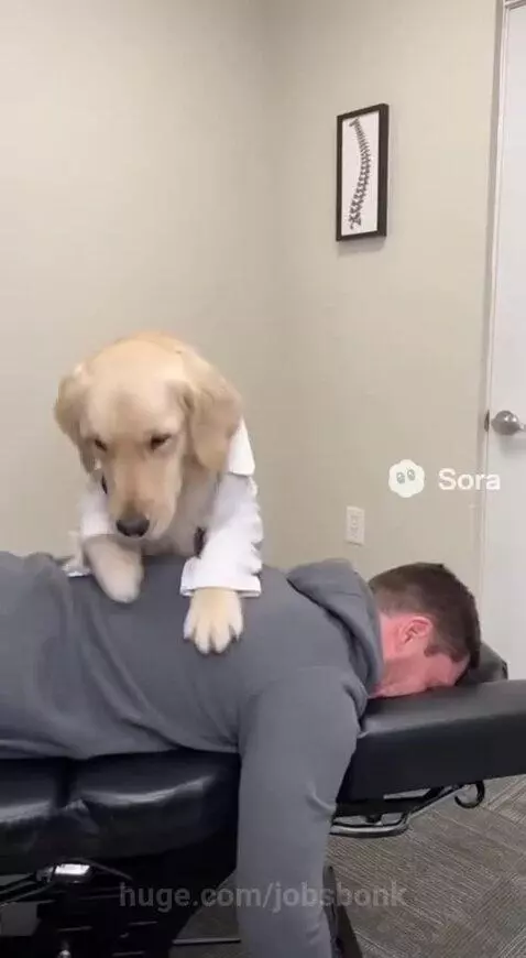 Golden retriever dog in a lab coat and stethoscope performing a chiropractic adjustment on a man who falls off a table.