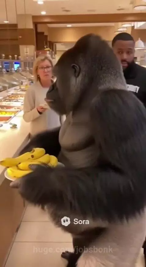 Gorilla in a suit holding a plate full of bananas at a buffet line, with a security guard approaching.