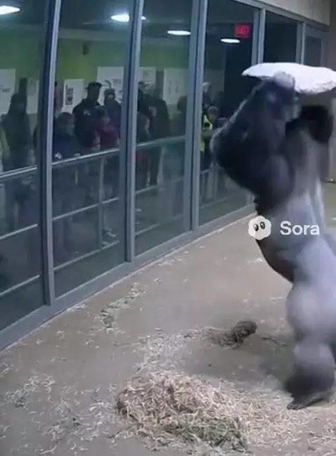 A large silverback gorilla holding a rock, standing in front of cracked enclosure glass.