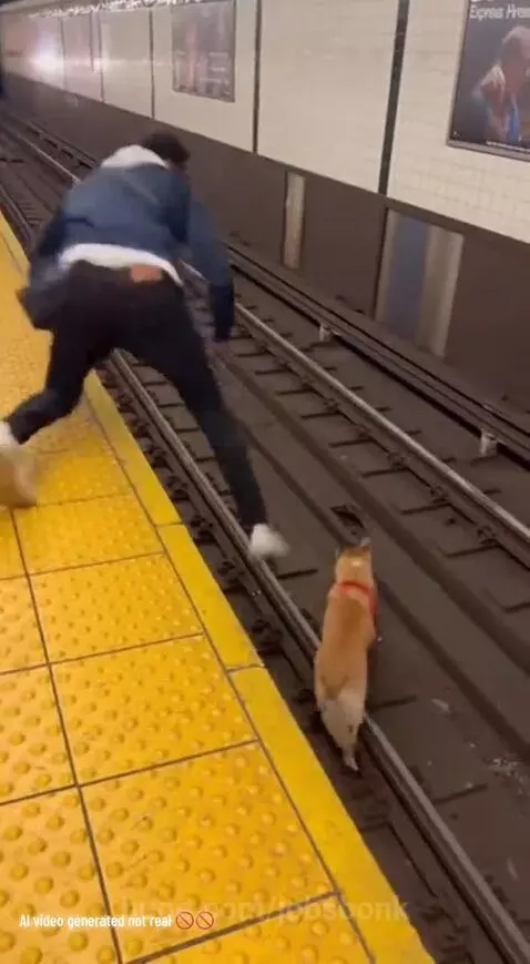 Man on subway platform holding dog as train passes by