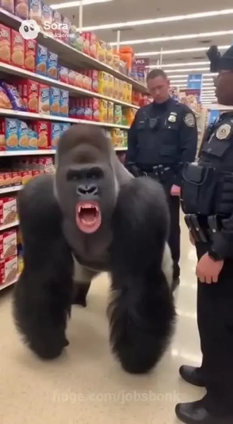 A large gorilla standing in a grocery store aisle, appearing agitated and looking towards two police officers.