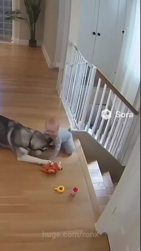 Husky dog lying on floor near stairs as baby crawls towards the edge, dog pushes baby back.