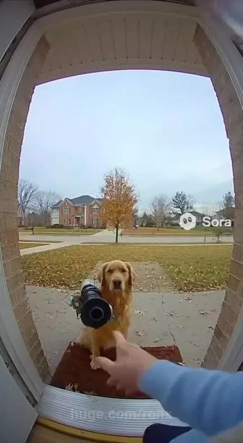 Golden retriever with a water sprayer on its back on a porch, facing a doorbell camera.