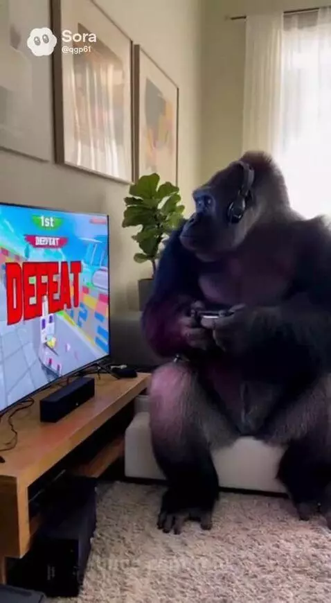 A large gorilla wearing headphones violently destroying a TV after losing a video game.