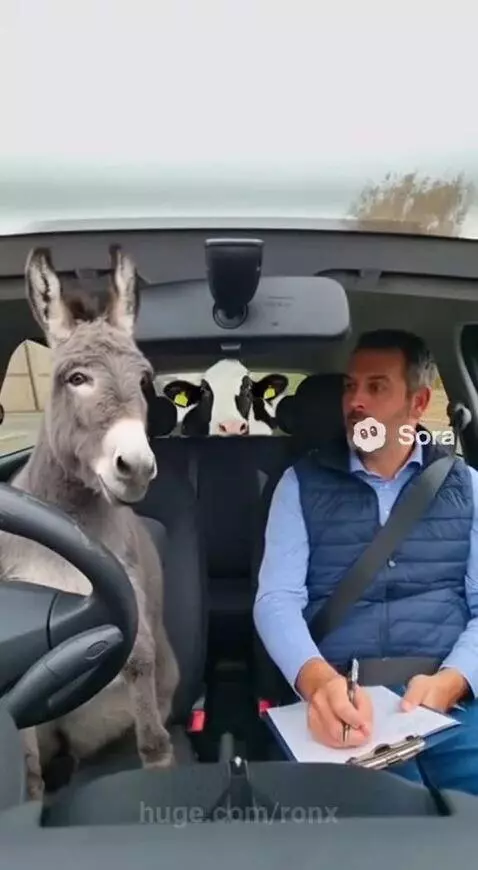 Man giving a driving lesson to a donkey in the driver's seat of a car, with a cow in the back.