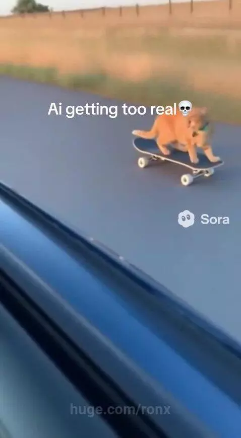Orange cat skillfully riding a skateboard and performing a jump trick on a paved road.