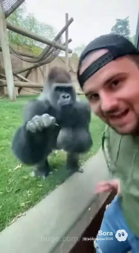 Gorilla charging and hitting a glass enclosure, cracking it, with people panicking in the background.
