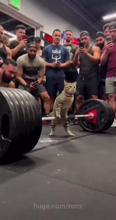 Tabby cat standing on hind legs, appearing to lift a barbell in a gym, surrounded by amazed men recording.