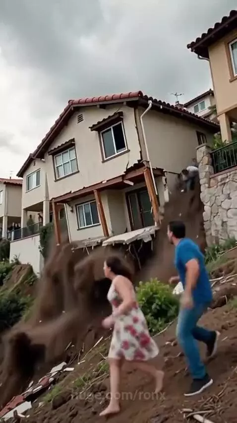 A two-story house with a red roof collapsing down a steep, muddy hillside, kicking up dust.