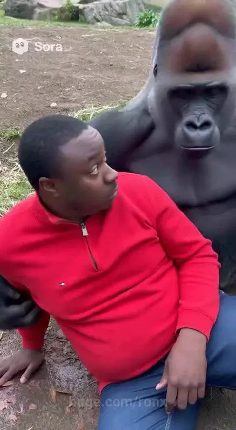 Man in red shirt falls into gorilla enclosure, gorilla approaches and offers a banana.