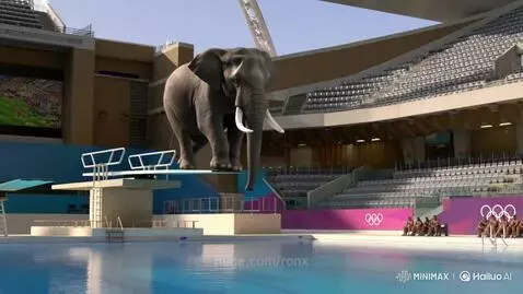 Elephant on a diving board above a swimming pool, about to dive.