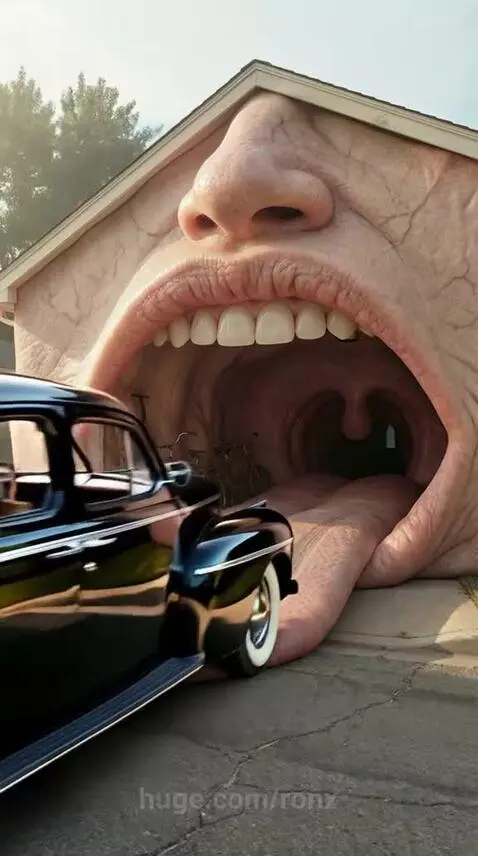 A classic car backs into a garage door designed to look like a giant human mouth with its tongue extended.