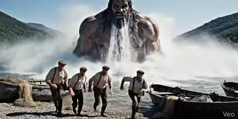 A giant emerges from a lake, splashing water, as four men in old-fashioned clothes run away in terror.