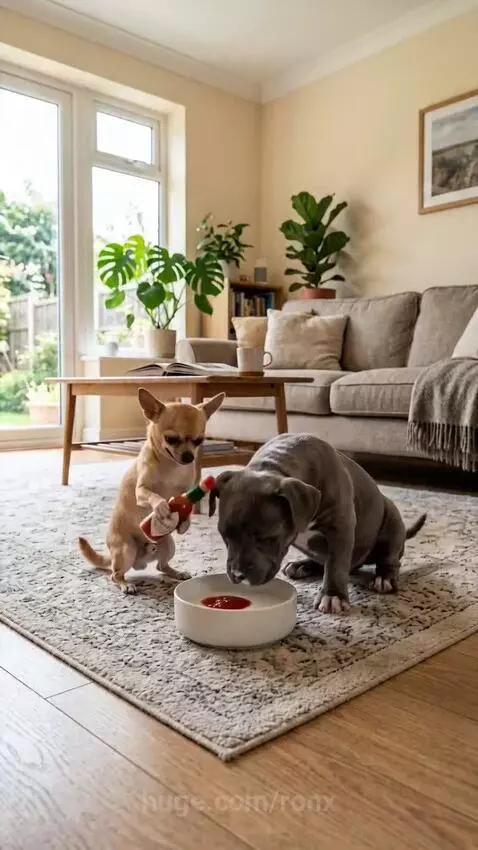 Chihuahua pouring hot sauce into a puppy's milk bowl, with adult dogs reacting.