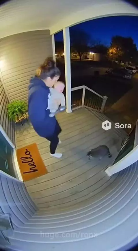 Mom holding baby on porch at dusk, shielding them from an approaching raccoon.