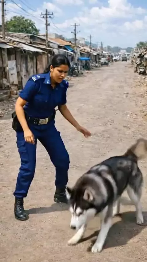 Police officer and husky dog looking at three rescued kittens after a water rescue.