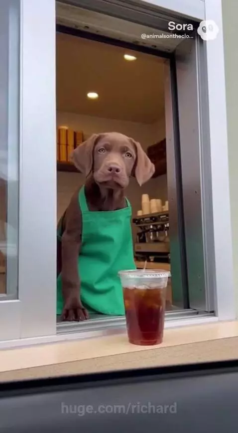 A small chihuahua wearing a green apron barks aggressively behind a drive-thru window.