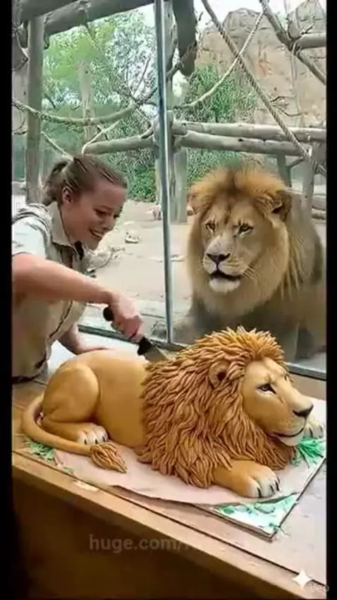 Lion behind glass enclosure watching a zookeeper cut a realistic lion-shaped cake, then jumping into water.
