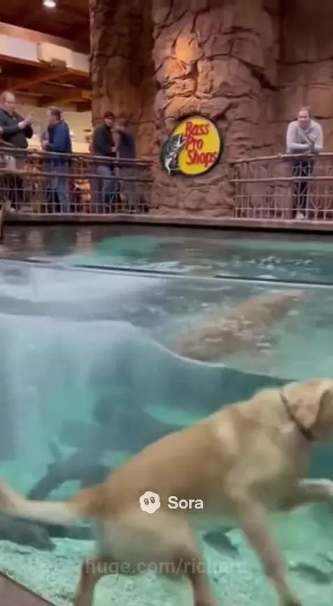 Golden retriever dog swimming in an indoor aquarium filled with fish and logs.