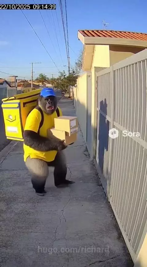 Gorilla in a delivery uniform dropping boxes and running from dogs