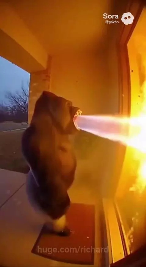 Gorilla-like creature breathing fire at a house door, causing an explosion.