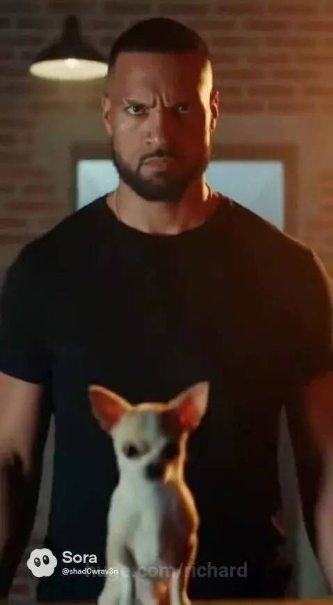 Man with beard looking down at a small, growling chihuahua dog showing its teeth.