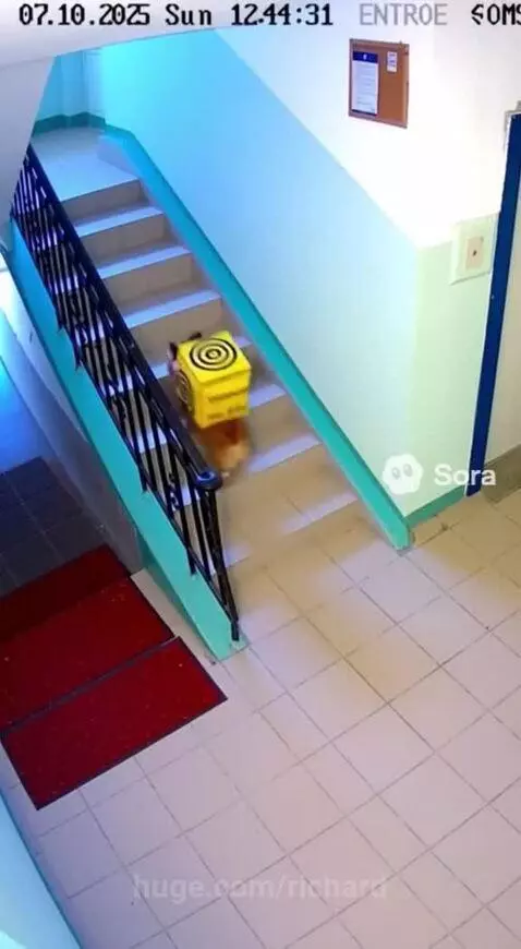 Small fluffy dog wearing a yellow delivery box with a spiral logo on its back, waiting at an apartment door.