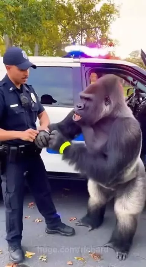 Police officer arresting a gorilla who is demanding bananas next to a police car.