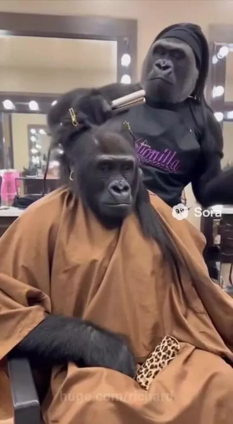 Two gorillas in a hair salon, one styling the other's hair with a flat iron, leading to a funny reaction.
