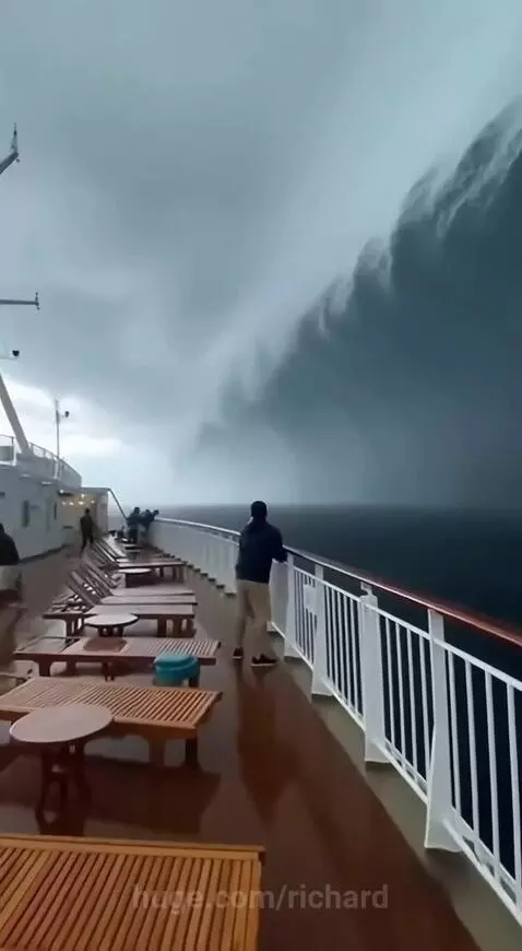 Massive dark wave crashing over the deck of a cruise ship, with people reacting in fear.